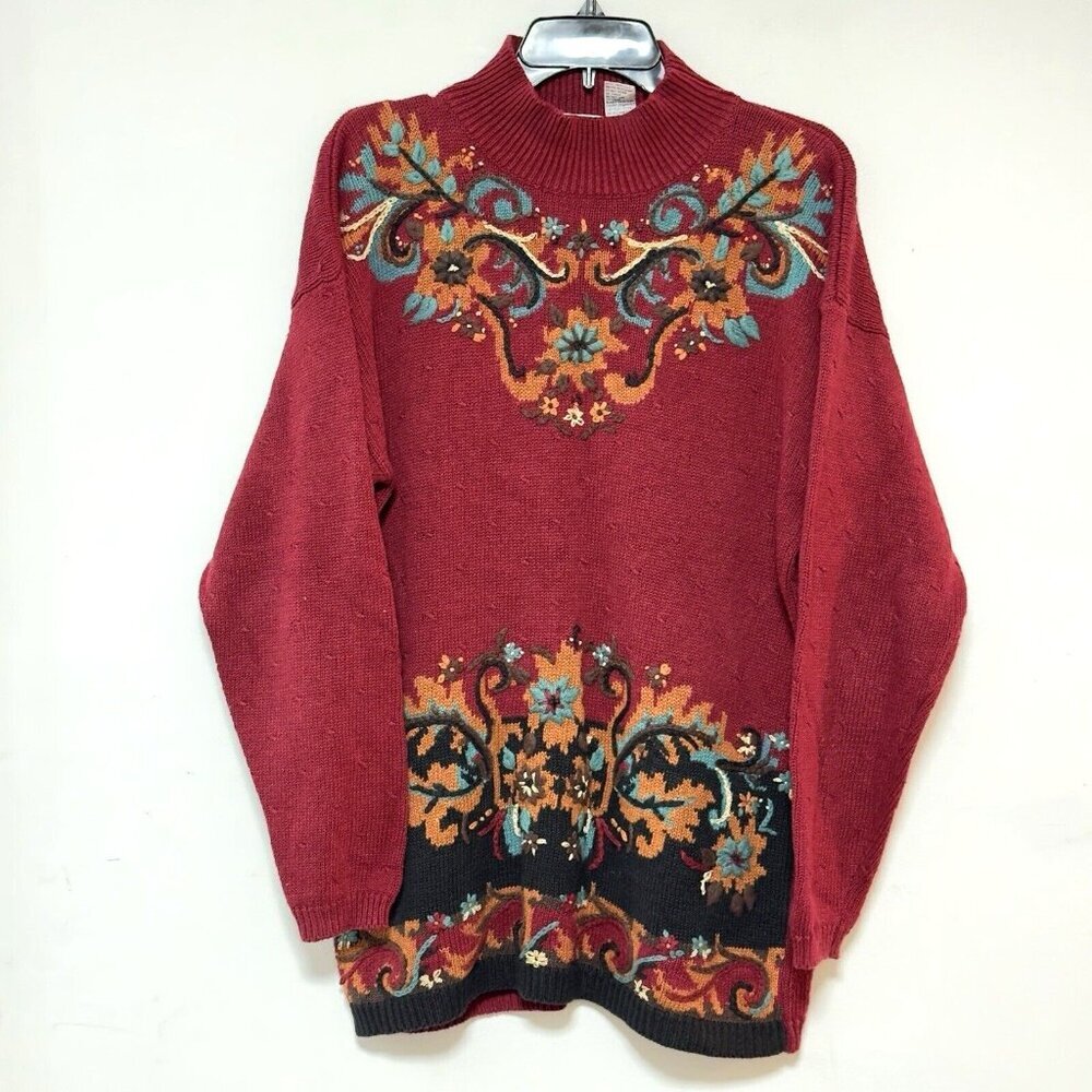 Vintage 90s LUCIA Burgundy Red Oversized‎ Sweater Ramie Boho Autumn Leaves L